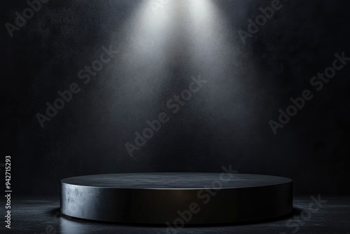 Blank black table platform with bright spotlight isolated on black wall, empty table - place for product placement and text and design, empty place table stage podium hight quality, ai