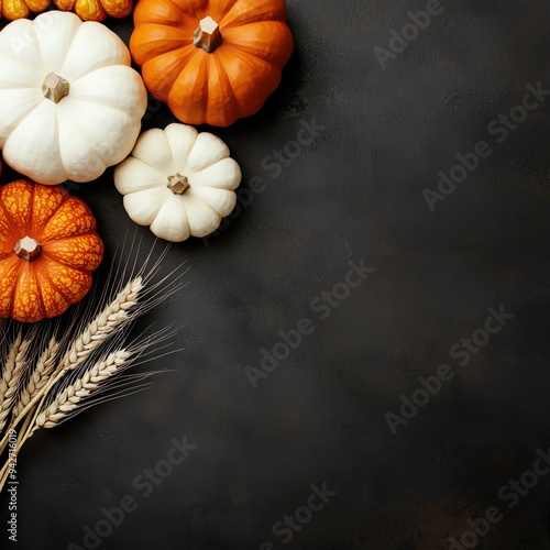 Flat lay of white and orange pumpkins with wheat on dark background, symbolizing autumn harvest and festive season. photo