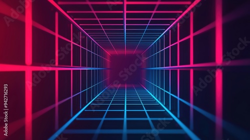Futuristic 3D tunnel with neon light grid pattern in blue and pink, creating a captivating sci-fi visual effect and depth perception.