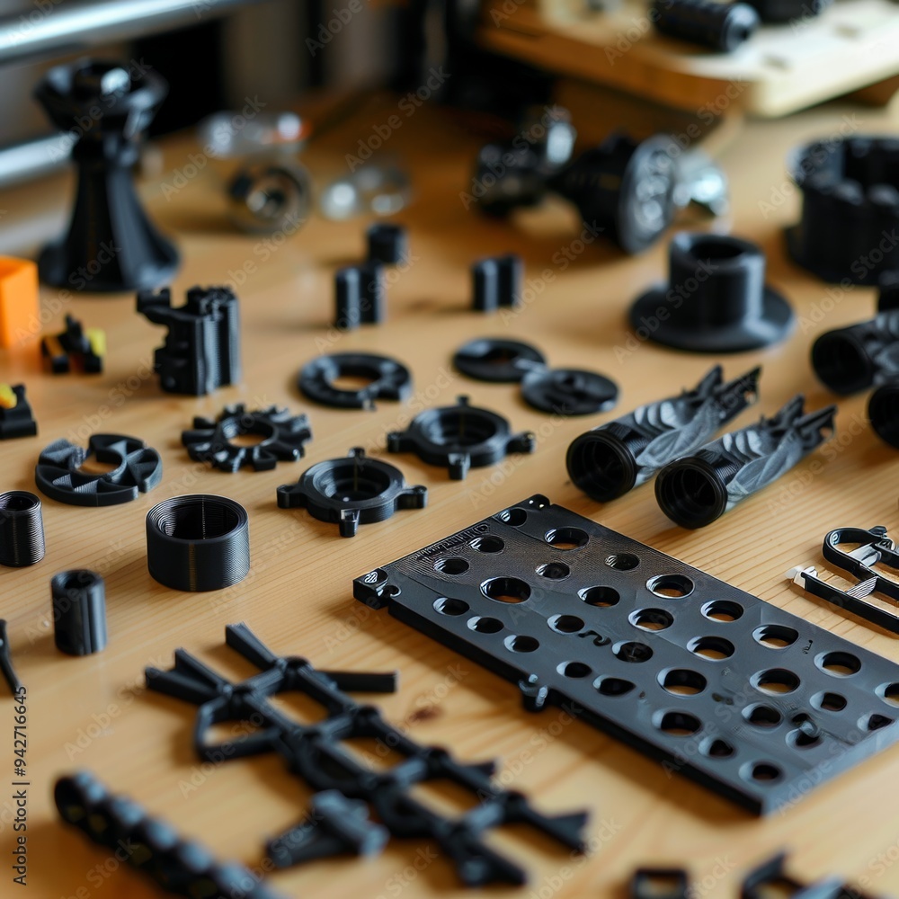 3D Printed Parts on Wooden Table: A close-up photo of a scattered array of 3D printed parts, showcasing the intricate details and textures of the creations. The black plastic pieces rest on a warm woo 3D Printed Parts on Wooden Table: A close-up photo of a scattered array of 3D printed parts, showcasing the intricate details and textures of the creations. The black plastic pieces rest on a warm woo