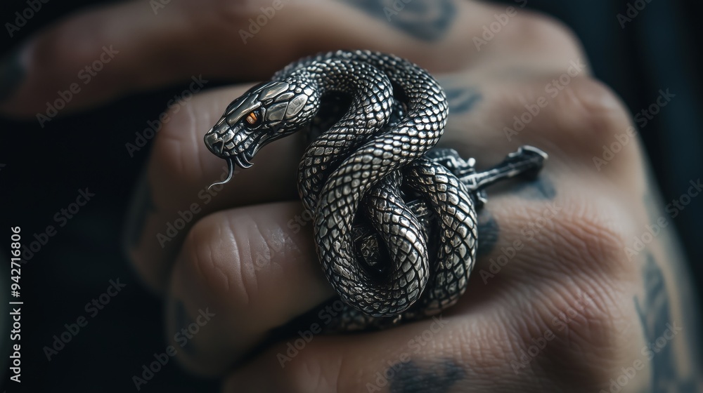 Fototapeta premium Silver Snake Ring on Hand with Tattoo