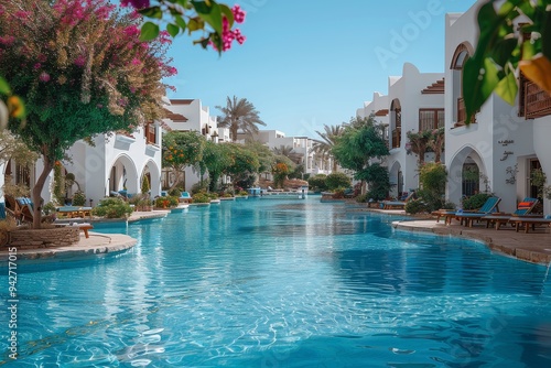 Resort Pool in Sharm el-Sheikh, Egypt with White Buildings, Trees, Clear Blue Sky, Sun Loungers, and Large Picnic Area, Professional Photography