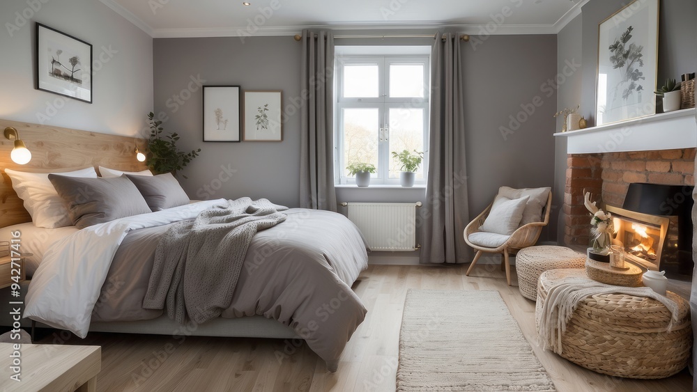 Fototapeta premium Cozy Bedroom Interior with Fireplace and Natural Elements