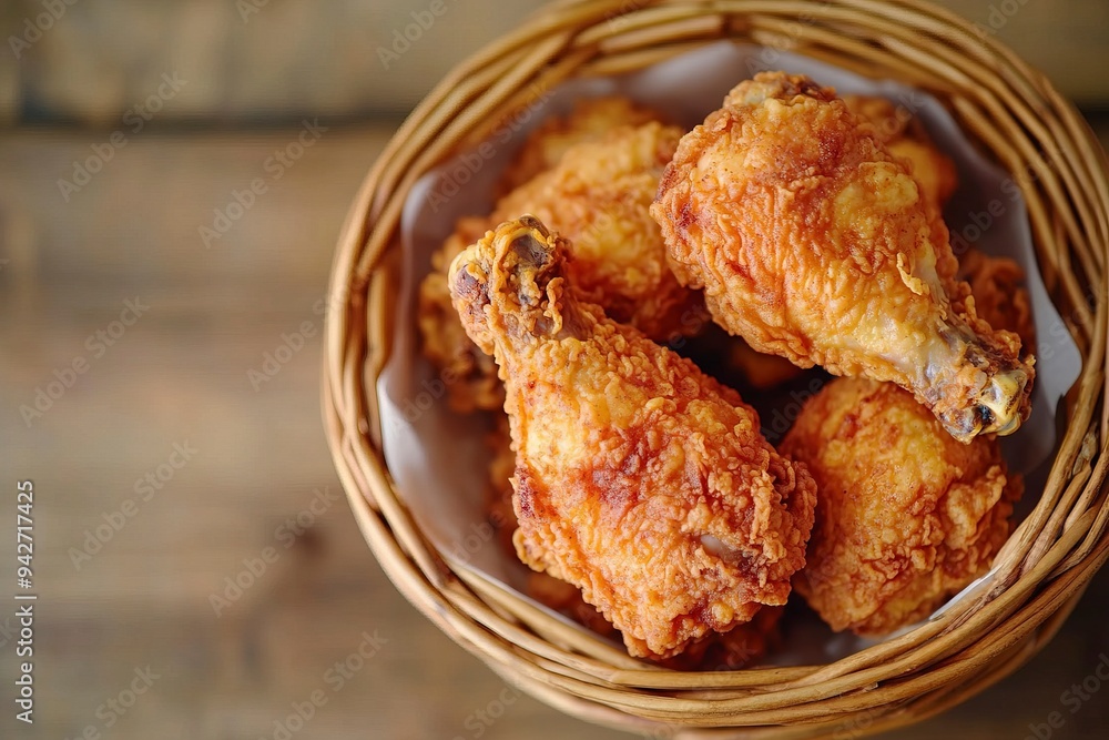 Overhead View of Fried Chicken in a Basket for your background bussines. Overhead View of Fried Chicken in a Basket for your background bussines.