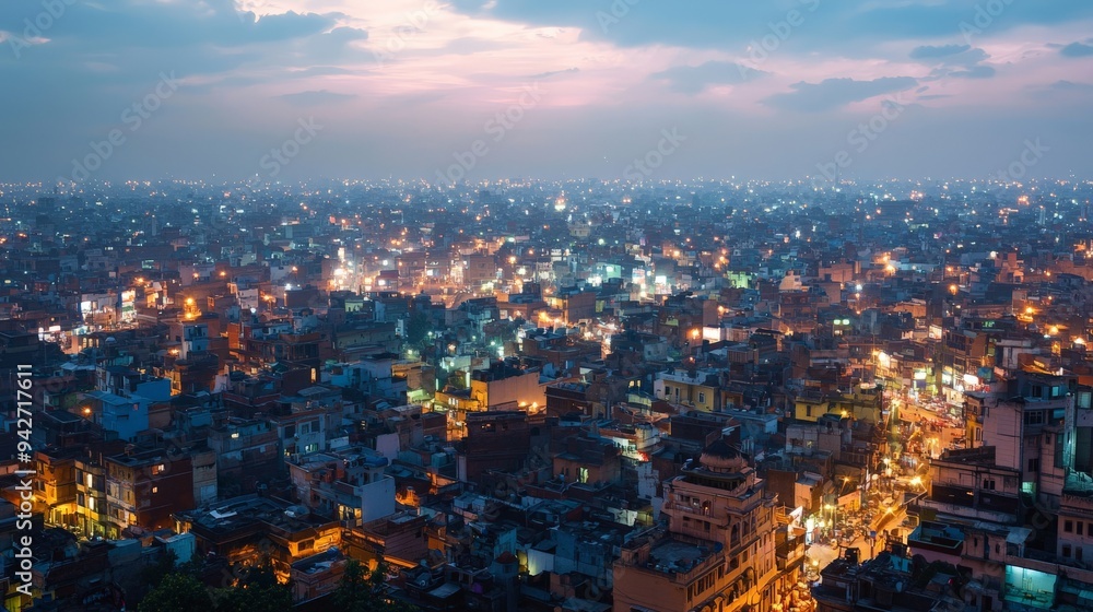 Aerial view of an Indian cityscape at dusk, mix of modern and traditional buildings, soft twilight glow Aerial view of an Indian cityscape at dusk, mix of modern and traditional buildings, soft twilight glow