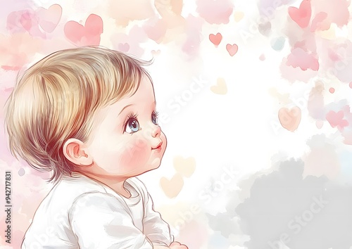 A cute baby with blonde hair and blue eyes looking up at pink hearts in a watercolor background. Template for quotes.