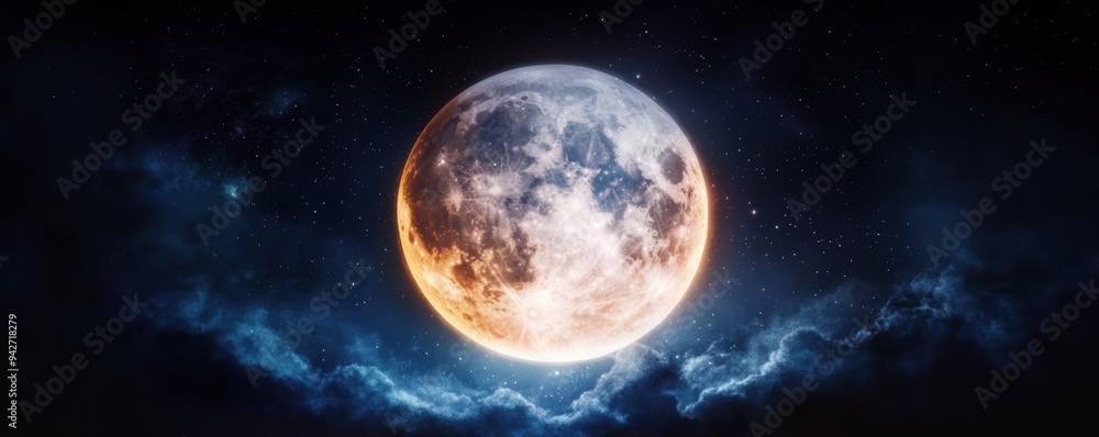 A full moon shines brightly and glows against a dark sky A full moon shines brightly and glows against a dark sky