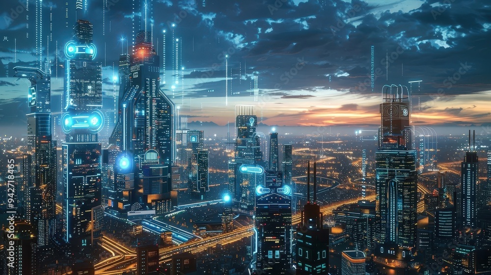 Fototapeta premium Smart city with integrated technology, illustrating urban future