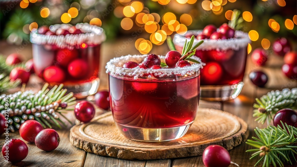 Festive cranberry cocktail with sugar rim and rosemary garnish in winter holiday setting Festive cranberry cocktail with sugar rim and rosemary garnish in winter holiday setting