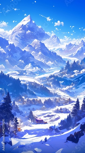 Enchanting Anime-Style Winter Wonderland: Majestic Mountain and Snow-Covered Trees in Serene Blue Landscape. AI-Generated Illustration for Seasonal Marketing, Web Design, and Artistic Projects. Versat photo