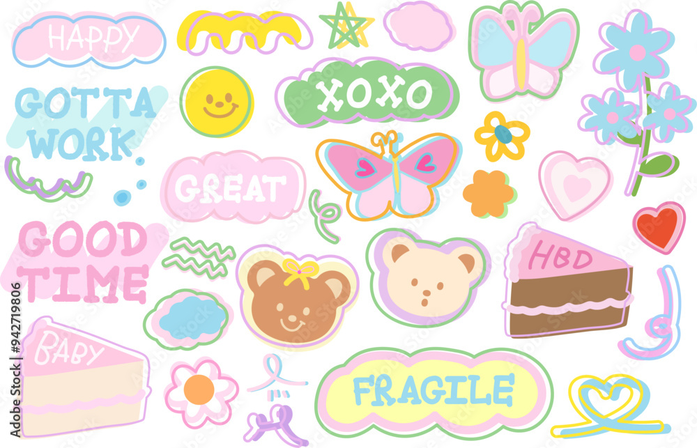 Cute illustrations of teddy bear, butterfly, birthday cake, flowers, heart for sweet dessert, animal, zoo, souvenir shop, spring time, summer break, picnic, pastel sticker set, floral print, cafe, ads Cute illustrations of teddy bear, butterfly, birthday cake, flowers, heart for sweet dessert, animal, zoo, souvenir shop, spring time, summer break, picnic, pastel sticker set, floral print, cafe, ads