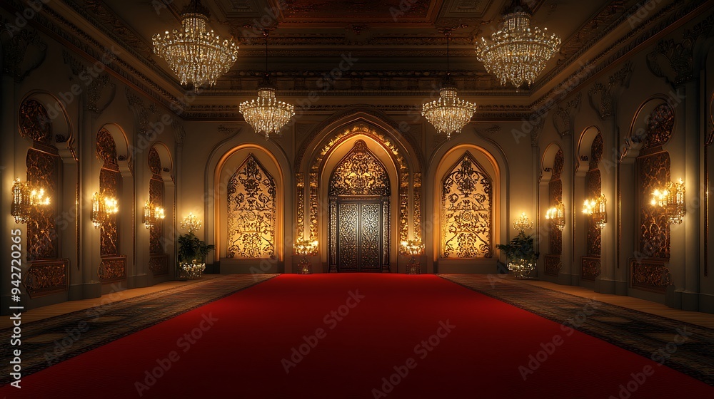 Obraz premium Opulently Lit Grand Hall with Red Carpet, Ornate Wall Features, and Crystal Lighting for a Prestigious Event