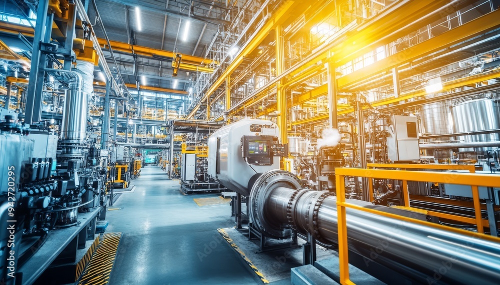 Interior view of a large scale industrial manufacturing plant with automated production systems Interior view of a large scale industrial manufacturing plant with automated production systems