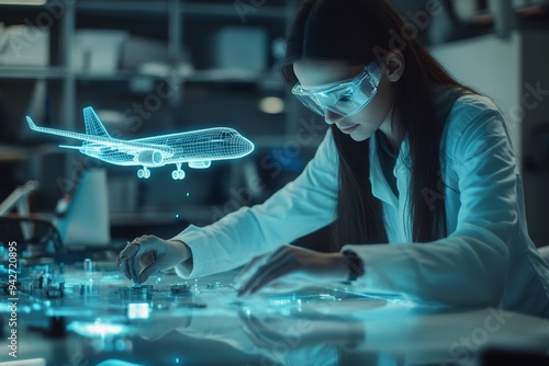 Female engineer conducts r d testing with airplane model hologram in aeronautics office photo