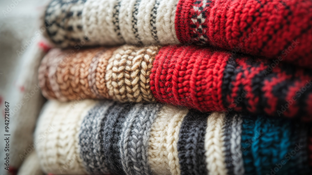 Fototapeta premium Various styles, including chunky knits and cable patterns, are displayed in warm, neutral tones.