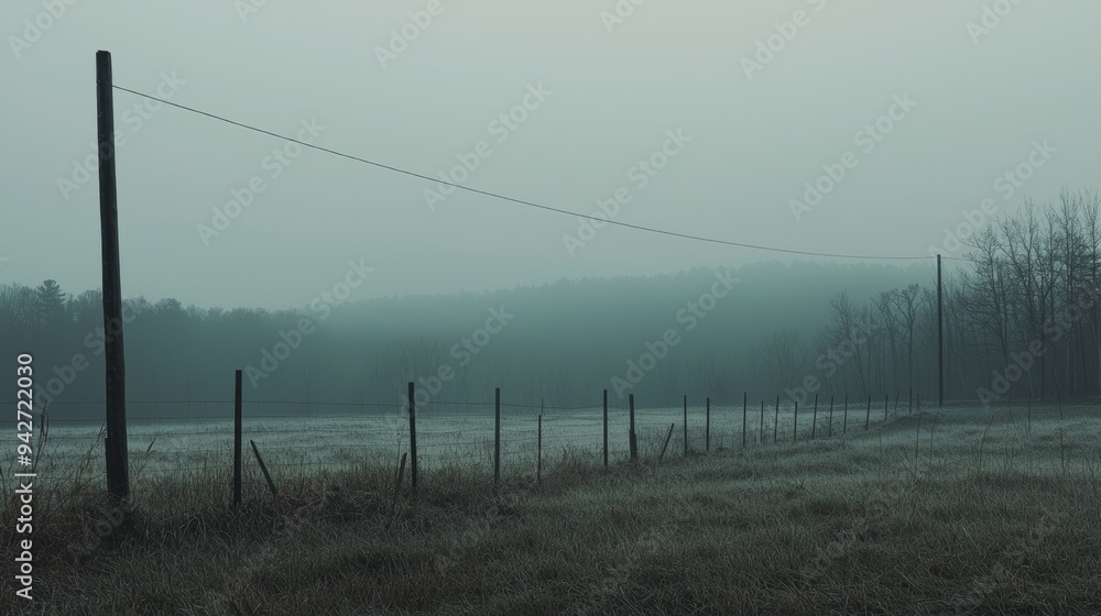 Serene Dawn Over Misty Grassland With Bare Trees and Fences Serene Dawn Over Misty Grassland With Bare Trees and Fences