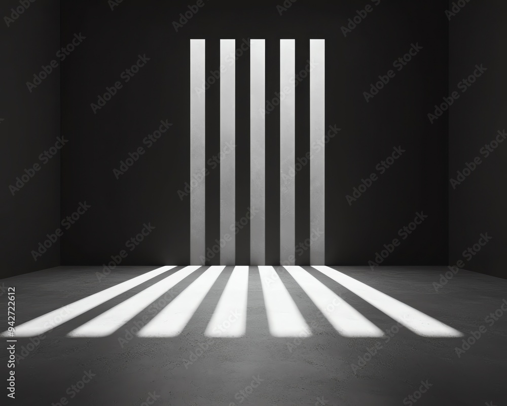 Abstract light and shadow pattern with vertical bars casting shadows on the floor in a dark, minimalist room. Abstract light and shadow pattern with vertical bars casting shadows on the floor in a dark, minimalist room.