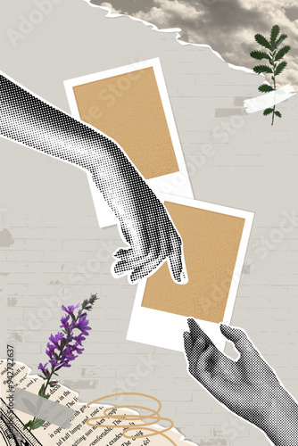 Trendy halftone collage.Vector banner collage of torn paper,flowers and hands. Trendy retro style. Torn paper,frame,hands reaching for each other,retro flower,old paper in grunge style.