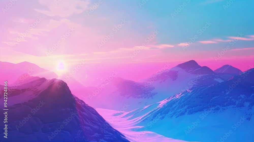 Fototapeta premium Softly blending colors in an animated backdrop evoke calmness and serenity as dawn breaks over majestic snow-covered mountains under the gentle sky