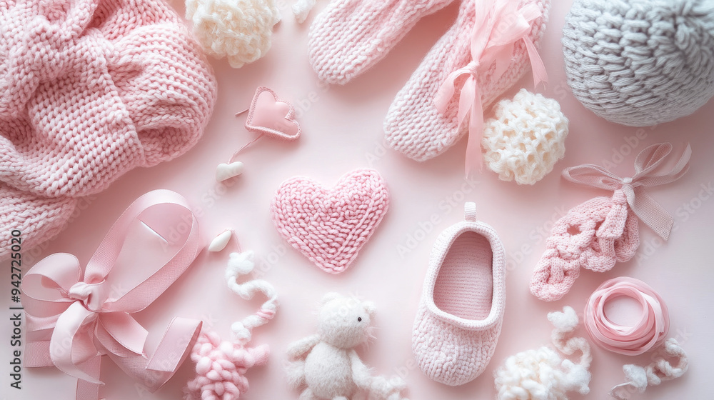 A charming knitted toy, shaped like a teddy bear, is the focal point, surrounded by a delicate heart decoration and a pair of adorable pink baby shoes. A charming knitted toy, shaped like a teddy bear, is the focal point, surrounded by a delicate heart decoration and a pair of adorable pink baby shoes.
