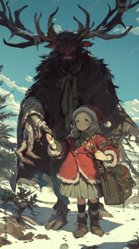 Fototapeta premium Whimsical Vintage Illustration: Little Schoolgirl Holding Hands with Mythical Krampus Character. Retro-Style Digital Art for Fantasy Postcards, Book Covers, and Holiday Marketing Campaigns. Unique Cul