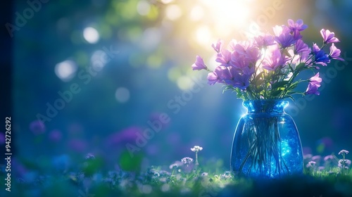 A hidden garden cloaked in twilight, where an ethereal vase holds flowers that predict the future, their petals glowing with magical energy photo