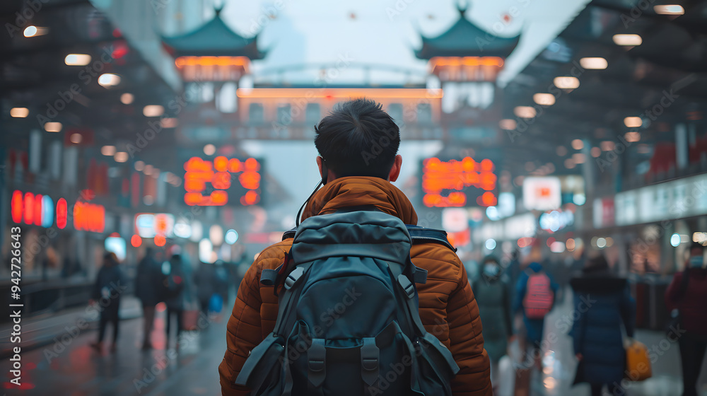 A lone traveler with a backpack navigates a bustling street market surrounded by traditional architecture and vibrant illuminated signs, embodying the spirit of adventure and exploration A lone traveler with a backpack navigates a bustling street market surrounded by traditional architecture and vibrant illuminated signs, embodying the spirit of adventure and exploration