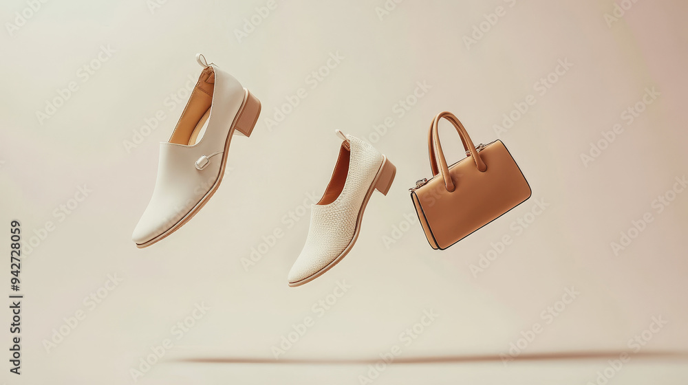 A pair of elegant high heels, a chic handbag, and various accessories like sunglasses, a scarf, and jewelry appear to hover effortlessly in the air A pair of elegant high heels, a chic handbag, and various accessories like sunglasses, a scarf, and jewelry appear to hover effortlessly in the air