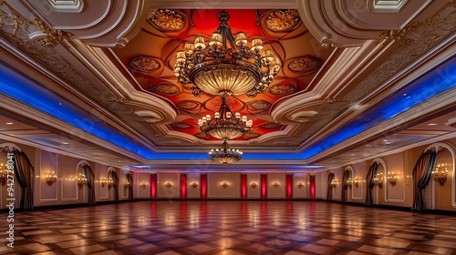 Elegant Ballroom with Intricate Ceiling Design, Vibrant Chandeliers, and Warm Lighting Enhanced by Red and Blue Uplighting