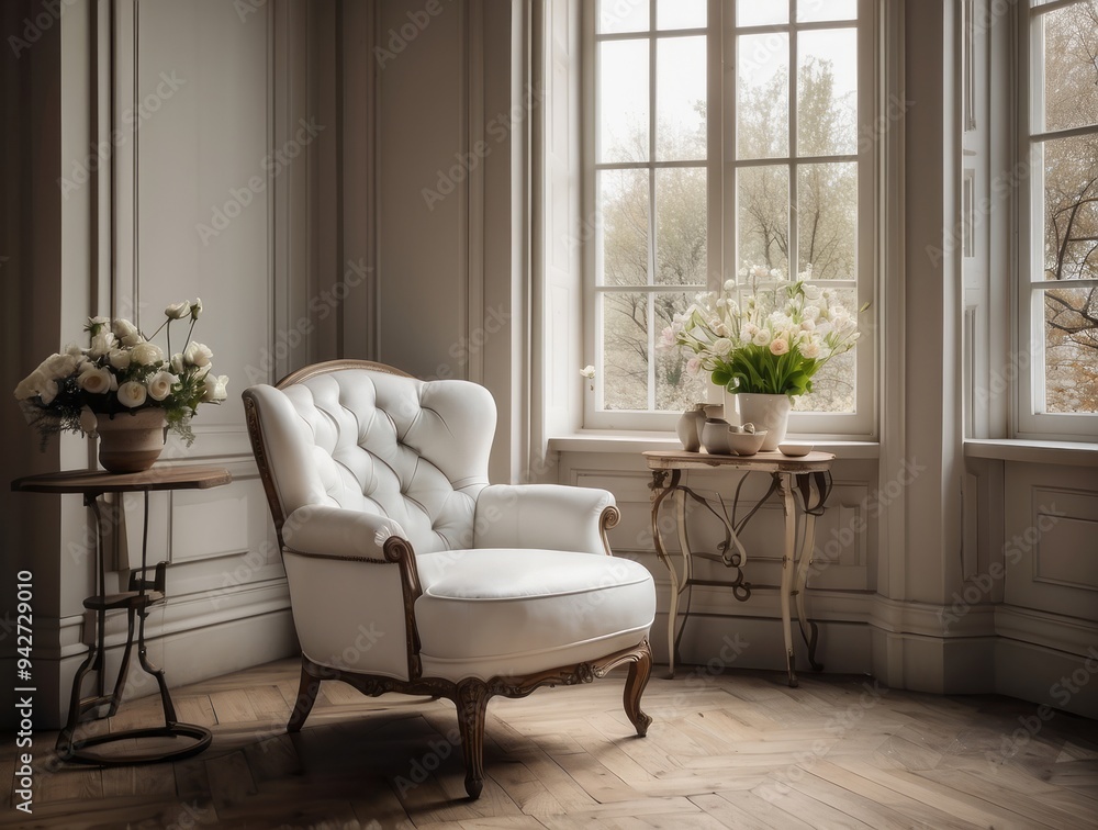 A White Upholstered Armchair in a Room with Large Windows and White Flowers A White Upholstered Armchair in a Room with Large Windows and White Flowers