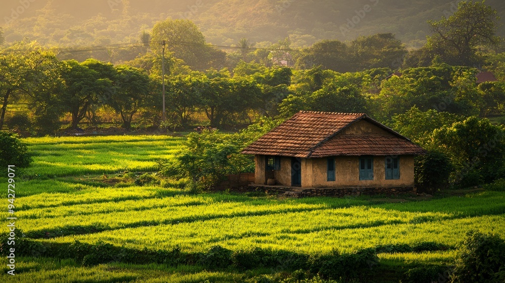 A traditional Indian farmhouse surrounded by vibrant green fields, captured at golden hour A traditional Indian farmhouse surrounded by vibrant green fields, captured at golden hour
