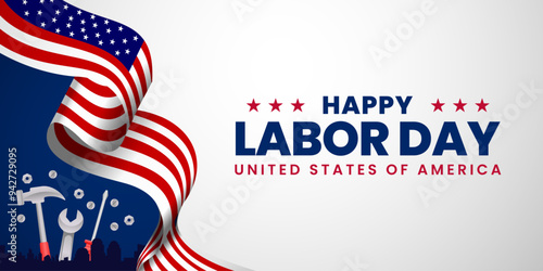 USA Happy Labor Day celebration banner background design with American flag. Labour day Safety hard hat and Construction tools background.