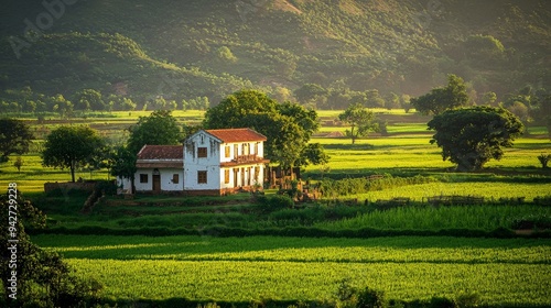 Wallpaper Mural A traditional Indian farmhouse surrounded by vibrant green fields, captured at golden hour Torontodigital.ca