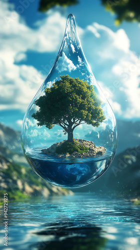 Water droplet contains the earth, a small tree grows within the droplet