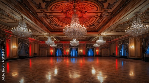 Elegant Ballroom with Ornate Ceiling Details, Crystal Chandeliers, and Warm Ambient Lighting Highlighted by Red and Blue Uplighting