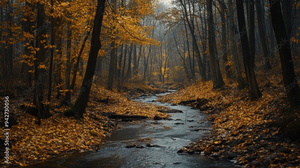 Obraz premium Misty Autumn Forest Path with Yellow Fallen Leaves