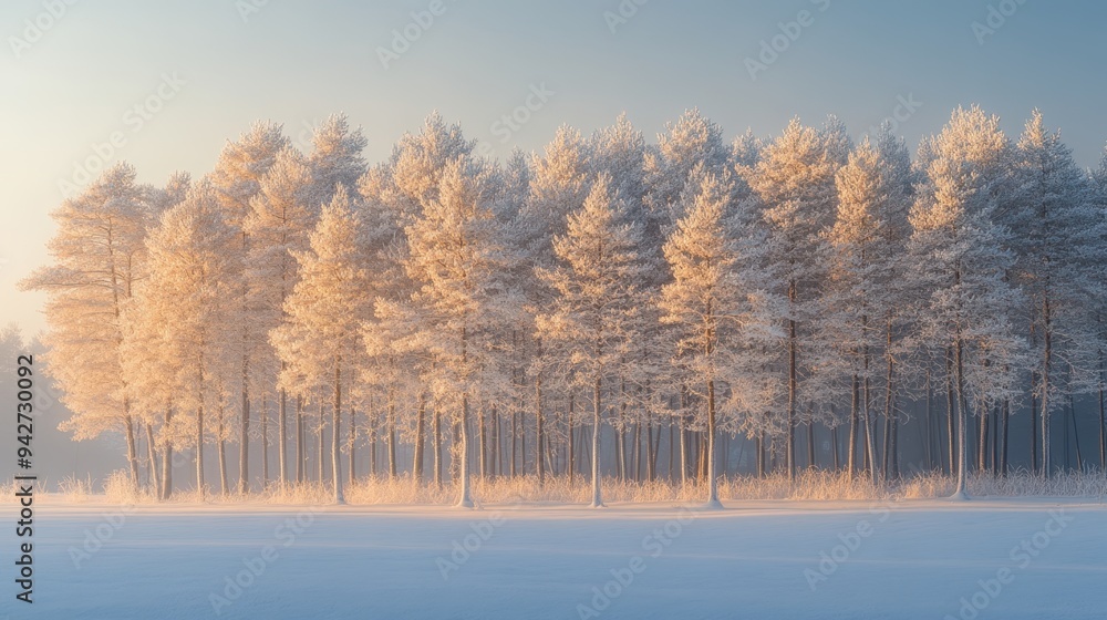 Serene Winter Landscape: Frost-Covered Trees Bathed in Morning Sunlight Serene Winter Landscape: Frost-Covered Trees Bathed in Morning Sunlight