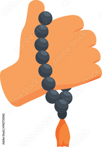 Hand is holding black buddhist rosary beads, used for meditation and prayer in many cultures