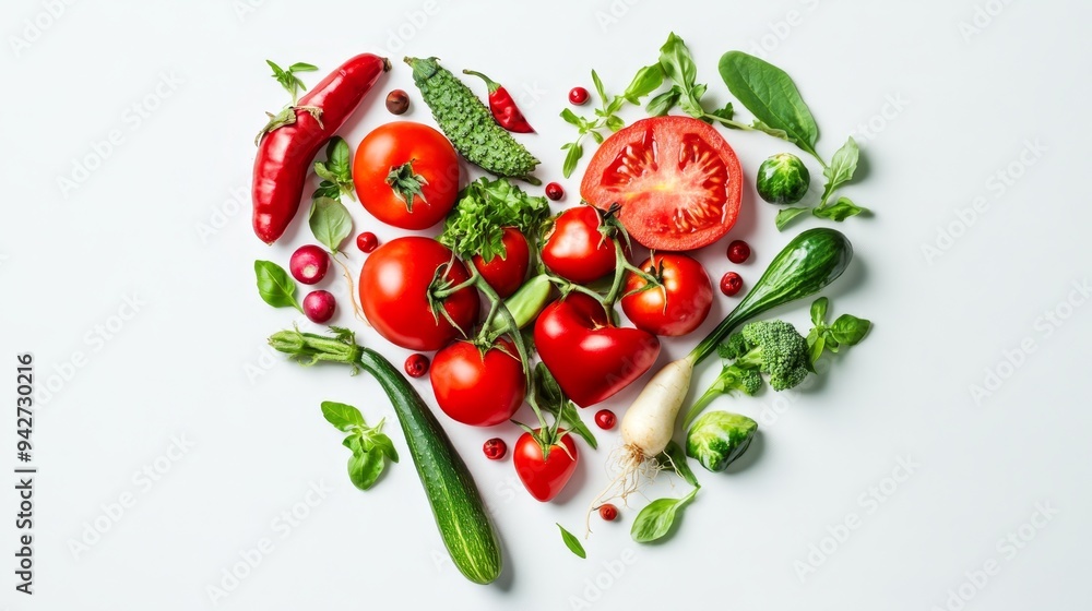 Artistic heart shape made from fresh red and green fruits and vegetables on white background Artistic heart shape made from fresh red and green fruits and vegetables on white background
