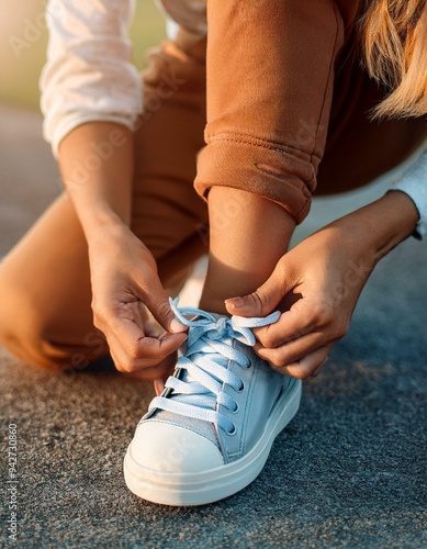 Una mujer atándose los cordones de las zapatillas photo