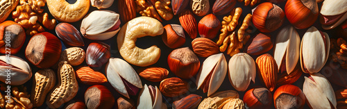 Assorted Nuts and Seeds Background with Dried Fruits Raw Food Mix photo