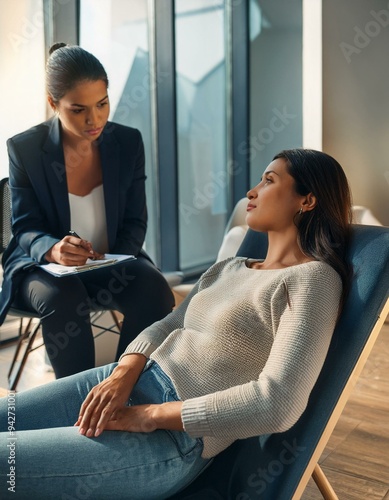 Una mujer tumbada en el diván de la consulta del psicólogo