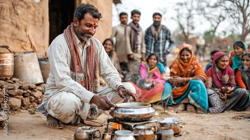 A traditional chaiwala in rural India, preparing tea over a small stove, with a group of people gathered around photo