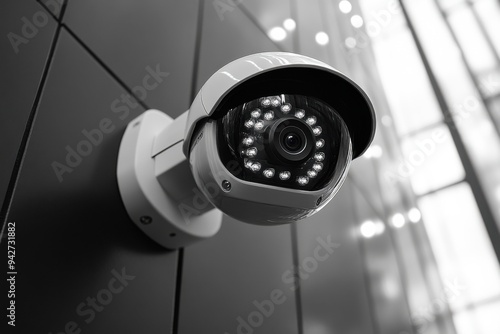 Close-up of a dome-shaped security camera within a glossy interior photo