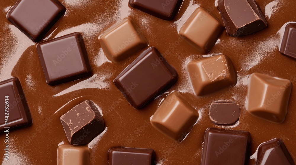 Close-up of Assorted Chocolate Bars on Melted Chocolate Background Close-up of Assorted Chocolate Bars on Melted Chocolate Background