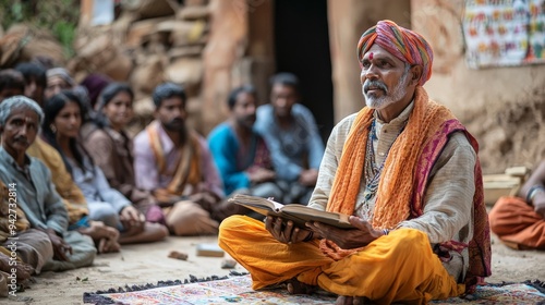 A storyteller in rural India narrating myths from Indian mythology, surrounded by an attentive audience