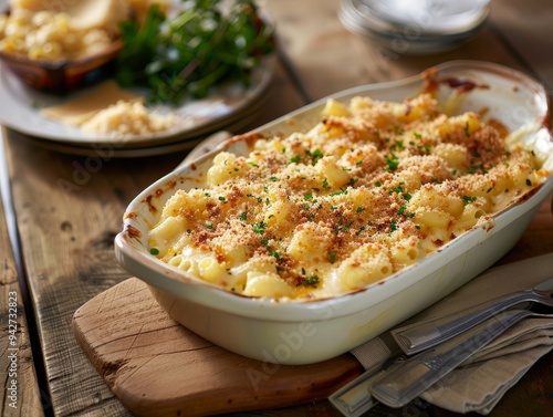 Macaroni and Cheese with Crunchy Breadcrumbs, White Ceramic Dish, Wooden Cutting Board, Food Photography, Mac and Cheese, Baked Pasta, Creamy Sauce