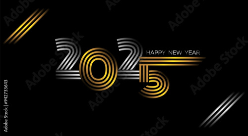 happy new year 2025 gold silver numbers on black background wallpaper vector illustration