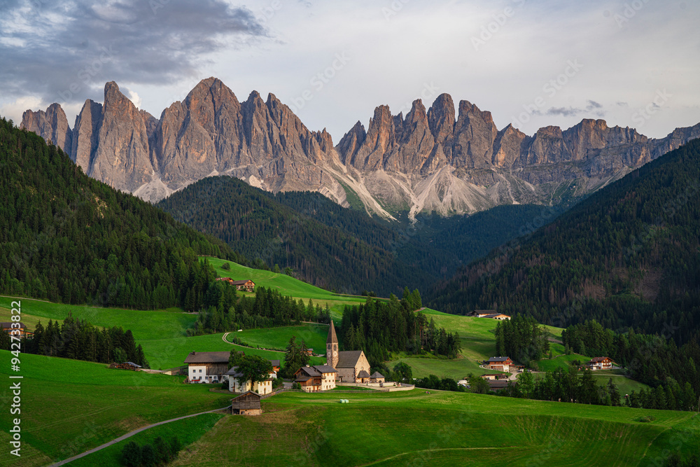 Sunset view of the Val di Funes, Dolomites, Italy. Sunset view of the Val di Funes, Dolomites, Italy.