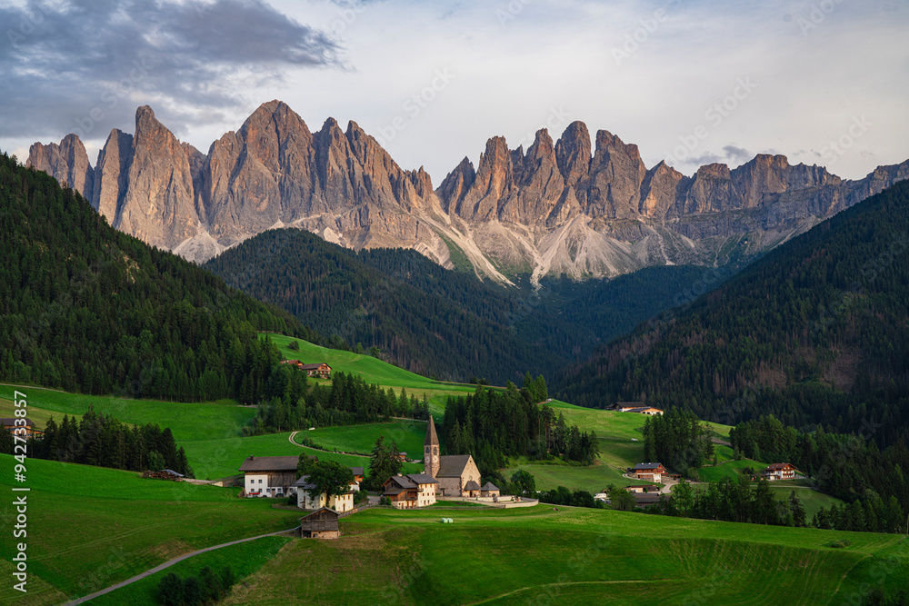 Sunset view of the Val di Funes, Dolomites, Italy. Sunset view of the Val di Funes, Dolomites, Italy.